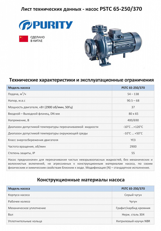 Моноблочный фланцевый насос Purity PSTC 65-250-370 (N) (арт. 100590394)